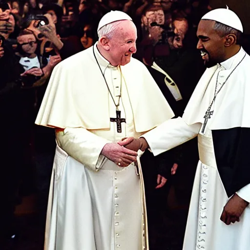 Prompt: photgraph of the pope john paul ii shaking hands with kanye west