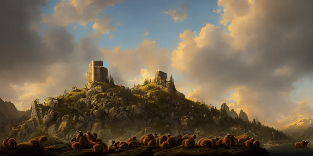 Image similar to landscape portrait of the bastille surrounded by marmots, trending on artstation