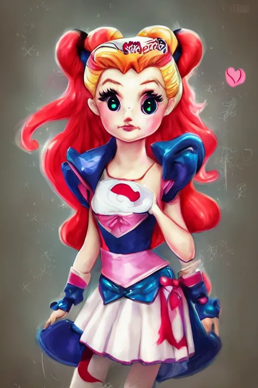 Image similar to a cute little princess inspired by Sailor Moon and Harley Quinn, highly detailed by ross tran, WLOP, artgerm