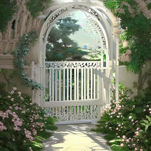 Image similar to circular gate in a white wall, leading to a garden. chinese architecture. fantasy. detailed. smooth. sharp focus. trending on arstation. cgsociety masterpiece, by rossdraws, ghibli, kimi no na wa, greg rutkowski, simon stalberg, greg manchess