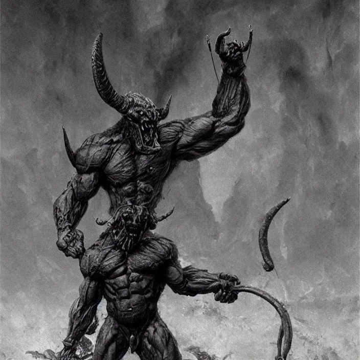 Image similar to horned demon berserker, muscular body, demon, balrog, beksinski