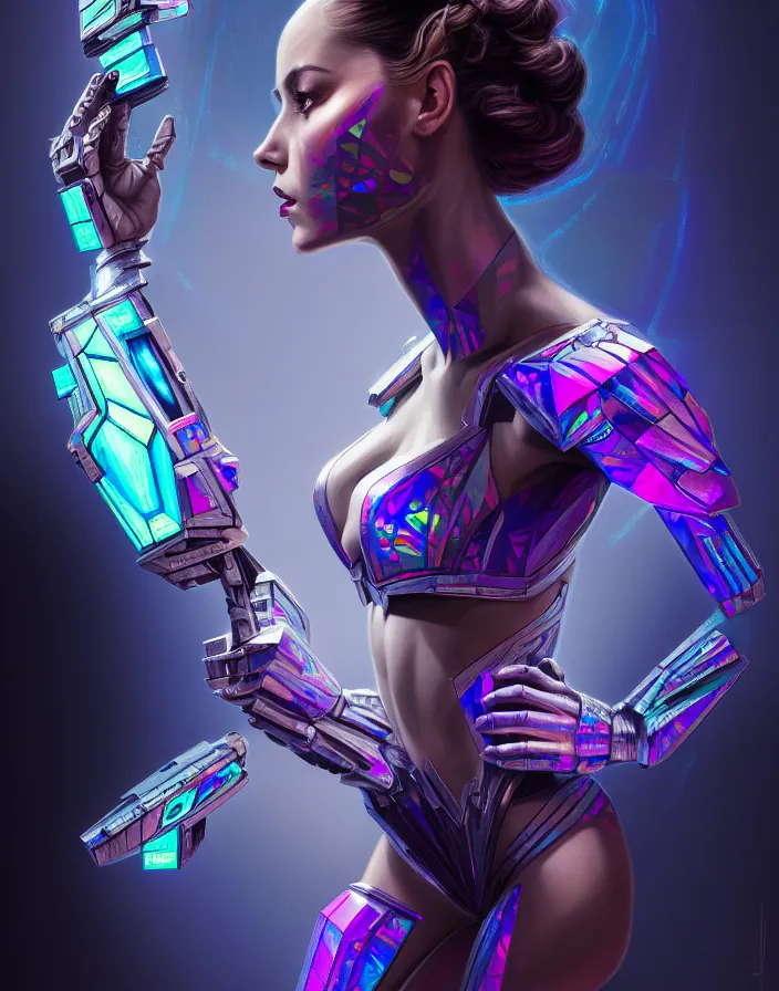 Image similar to beauty woman wrapped in holograms, Megatron decepticon artifacts, electrical case display, Transformers Movie style tech, ultrarealistic, dramatic lighting, electrical details, high details, 4k, 8k, best, accurate, trending on artstation, artstation, photorealism, ultrarealistic, digital painting, style of Peter Mohrbacher, Caravaggio, Hajime Sorayama, Caravaggio, Boris Vallejo