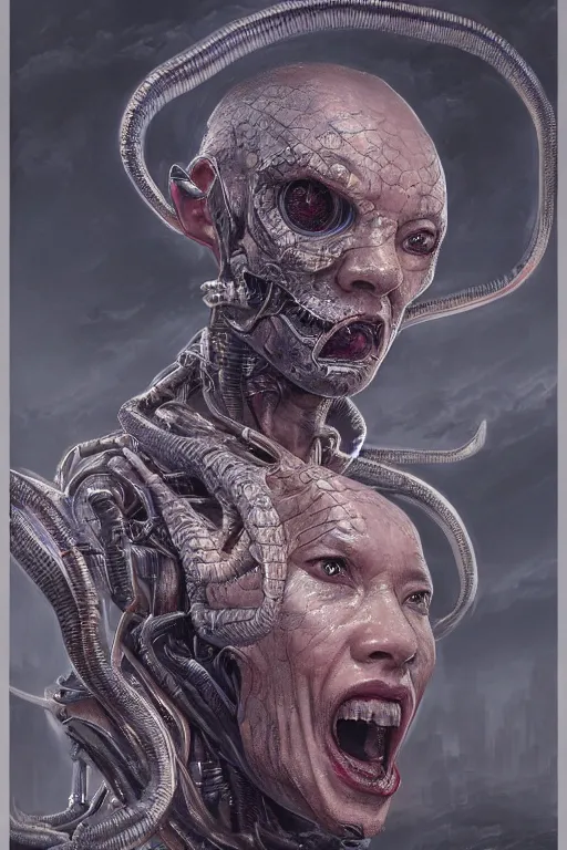 Image similar to realistic portrait beautiful detailed matte painting of cinematic movie scene jet li mutate into cyborg snake. horror, created by gustave dore and greg rutkowski, high detailed, smooth draw, synthwave neon retro, intricate, realistic proportions, dramatic lighting, trending on artstation.