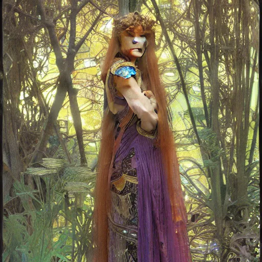 Image similar to a detailed, beautiful portrait oil painting of a girl who looks an 1 8 - year old, with a surprised expression, wearing intricate, full - plate iridescent armor in an ancient forest, by donato giancola, alphonse mucha, and john williams waterhouse