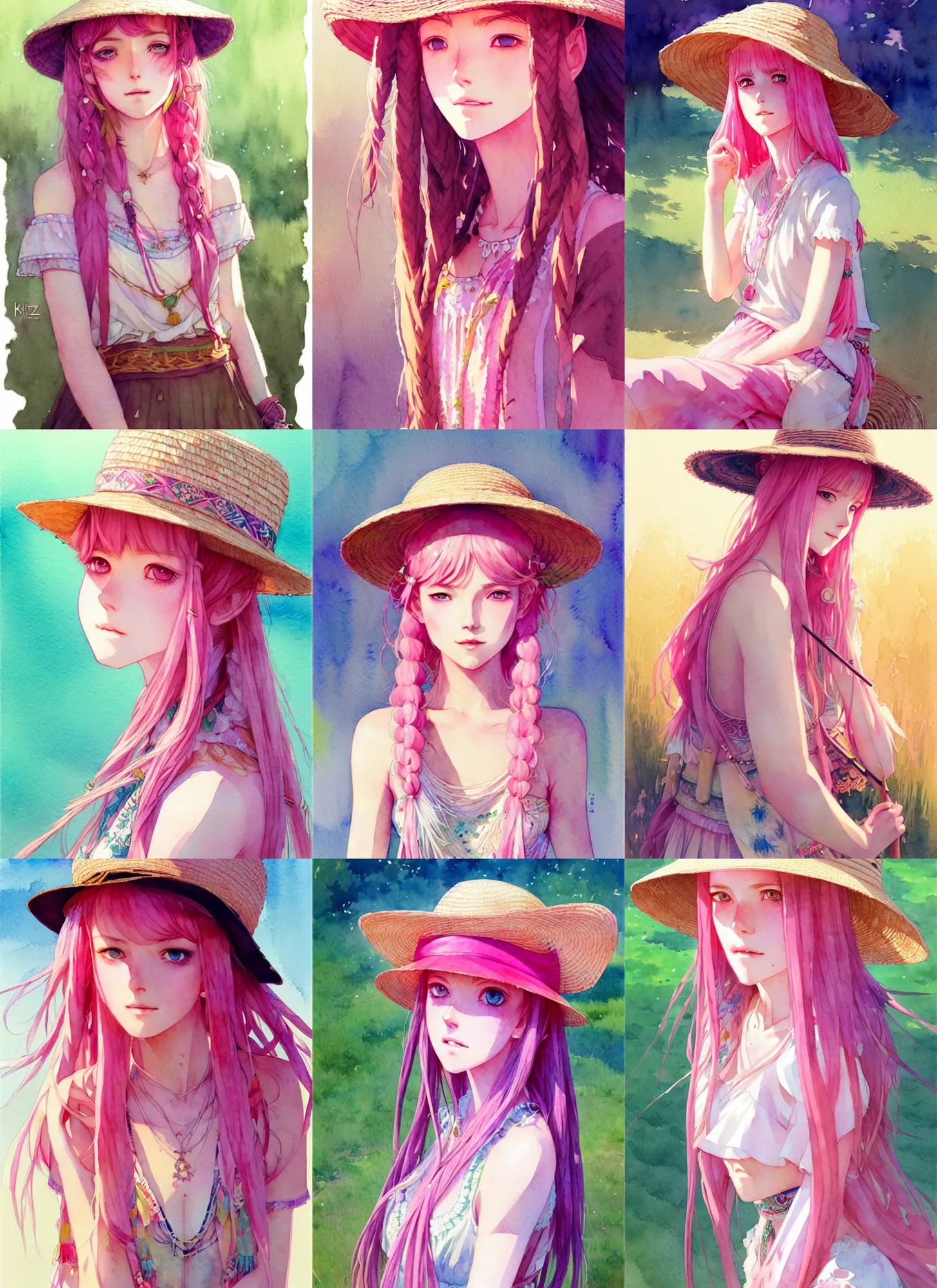 Prompt: portrait of a beautiful girl with pink hair with straw hat dress in boho style camping, symmetry face, top lighting, highly detailed, ( watercolor ), art by hidari and krenz cushart and wenjun lin and starember
