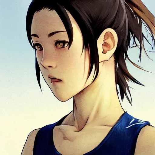 Image similar to a girl is running, sport clothing, anime style, short hair, hair down, symmetrical facial features, from arknights, hyper realistic, highly detailed, rule of thirds, extreme detail, detailed drawing, trending artstation, realistic lighting, shoulder eyes, by alphonse mucha, greg rutkowski, sharp focus, backlit, real faces, realistic anatomy