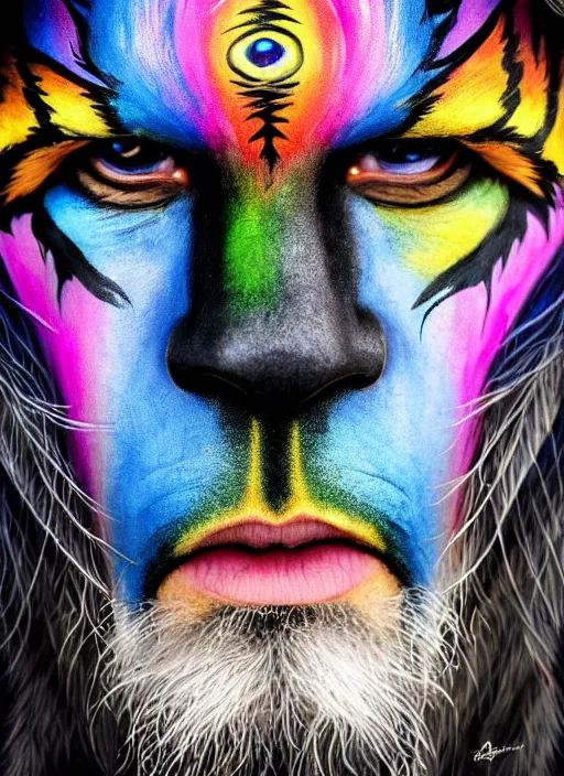 Image similar to photo of a gorgeous Beautiful face Portrait of Magic old shaman with a rainbow panther, face painting, thunders, shaman in the style of stefan kostic, wild, realistic, sharp focus, 8k high definition, insanely detailed, intricate, elegant, art by stanley lau and artgerm