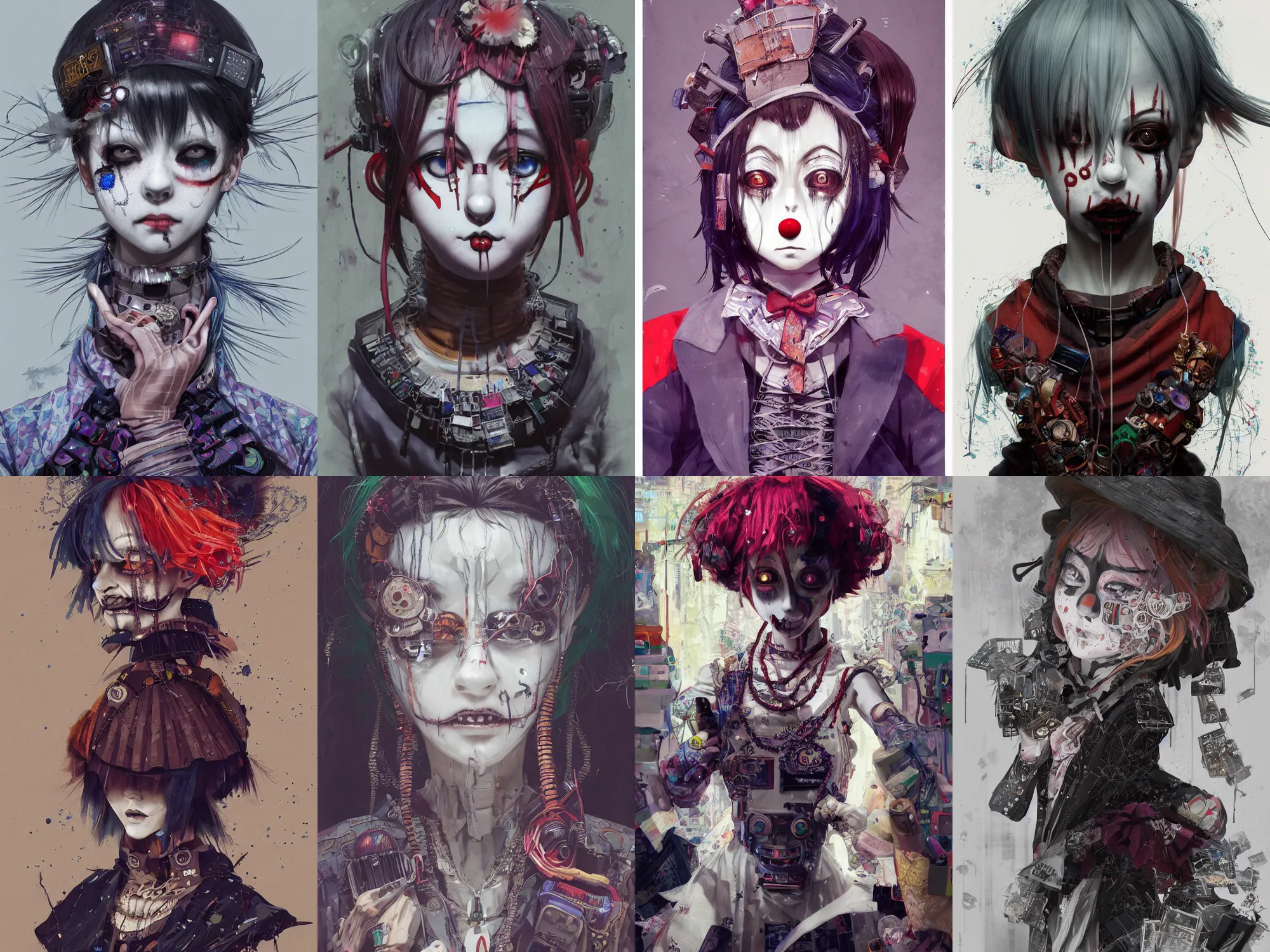 Image similar to by kyoto animation, very creepy clown girl, wearing cyberpunk intricate streetwear, beautiful, detailed portrait, intricate complexity, ilya kuvshinov, cell shaded, 4 k, concept art, by wlop, ilya kuvshinov, artgerm, krenz cushart, greg rutkowski, sharp focus, volumetric lighting, cinematic lighting, studio quality