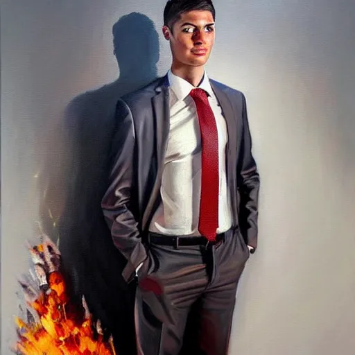 Image similar to a hyper realistic painting of a calm young man in a burning business suit, his clothes is burning, full body painting, coherent symmetrical eyes, by jeffrey smith, by andrea kowch, by steve henderson, masterpiece, trending on artstation,