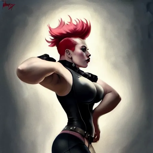 Image similar to greg manchess portrait of scarlett johansson as thick very muscular gothic weightlifter zarya from overwatch with red hair and black lipstick, fantasy medium shot, asymmetrical, profile picture, organic painting, sunny day, matte painting, bold shapes, hard edges, street art, trending on artstation, by huang guangjian and gil elvgren and sachin teng