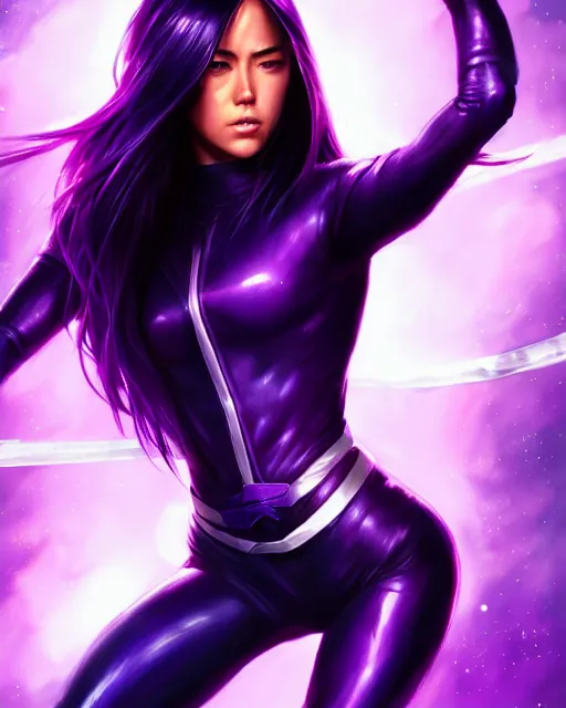 Prompt: Psylocke, Chloe Bennet, long black hair, purple energy sword, realistic character concept, action pose, comic book, illustration, slender symmetrical face and body, artstation, cinematic lighting, hyperdetailed, artgerm, 8k, Rafeal Albuquerque comic book art, single face, insanely detailed and intricate, beautiful