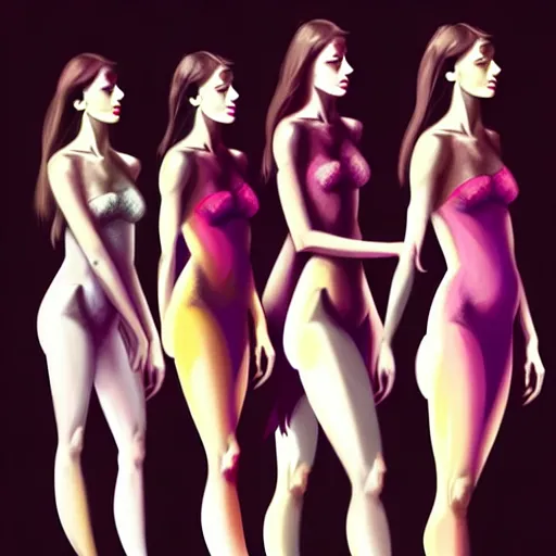 Image similar to “ a row of identical pretty women, photorealistic, in the style of greg rutkowski, digital painting, high quality ”