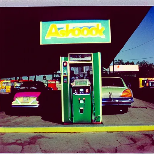 Image similar to Ashoka at a gas station, 90s polaroid, by Saul Leiter, Jamel Shabazz, Nan Goldin