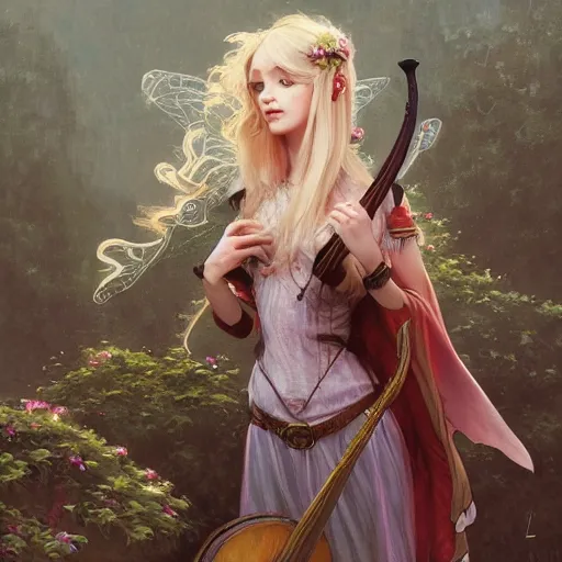 Prompt: elf fairy bard with a lute, art supplies in bag, wearing a cardigan, blonde, highly detailed, intricate, digital painting, artstation, sharp focus, illustration, art by jakub rozalski, greg rutkowski, artgerm, tan zi and ayanamikodon and alphonse mucha and wlop