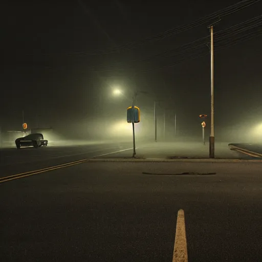 Image similar to A stunningly beautiful award-winning 8K high angle cinematic movie photograph of a spooky foggy empty lightless moonlit main intersection in an abandoned 1950s small town at night, by David Fincher and Darius Khonji, perfect composition, from roofline, moody low key backlit. Color palette from Seven, greens yellows and reds. 2 point perspective, high angle from 15 feet off the ground. Octane render