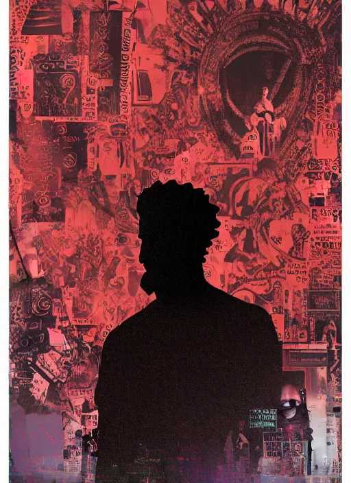 Image similar to design poster showing a statue of marcus aurelius, black background with very subtle red and purple design elements, powerful, nekro, vito acconci, graphic design, collage art, thin lines, dark, glitch art, neo vaporwave, gritty, layout frame, square, trending on artstation