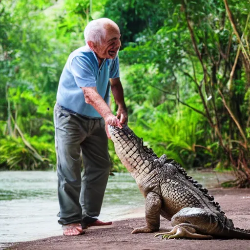 Image similar to elderly man feeding a crocodile, smiling, happy, crocodile, jungle, canon eos r 3, f / 1. 4, iso 2 0 0, 1 / 1 6 0 s, 8 k, raw, unedited, symmetrical balance, wide angle