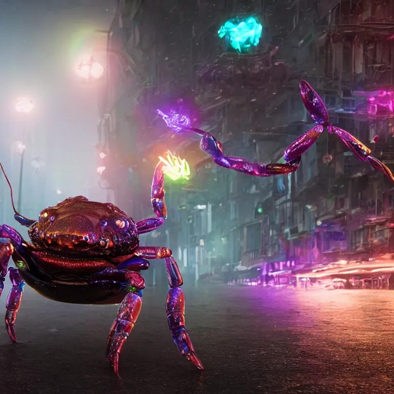 Image similar to vfx portrait shot by weta digital and industrial light and magic ilm, a colorful iridescent crab monster made out of shiny reflective silver metallic chrome with detailed intricate glowing bioluminescence, in the streets of a dark and moody seaside town, heavy fog, octane render, cinema 4 d, ray traced lighting, very short depth of field, bokeh