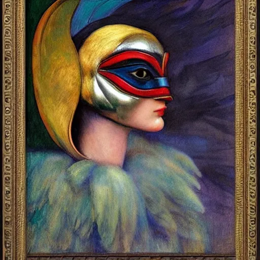 Image similar to the last guest in her Art Deco bird mask, by Annie Swynnerton and Diego Rivera, symbolist, dramatic lighting, elaborate geometric ornament, god rays, soft cool colors,smooth, sharp focus, extremely detailed, Adolf Wölfli