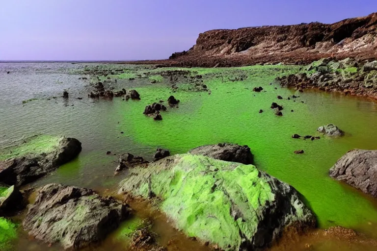 Image similar to glowing green rocks, toxic sludge, like where the hulk would live, landscape