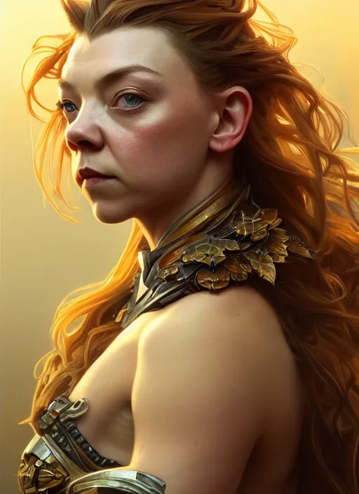 Prompt: natalie dormer wearing in a pool of honey, beautiful seductive face, intricate, elegant, highly detailed, digital painting, artstation, concept art, smooth, sharp focus, illustration, art by artgerm and greg rutkowski and alphonse mucha, horizon zero dawn 8 k