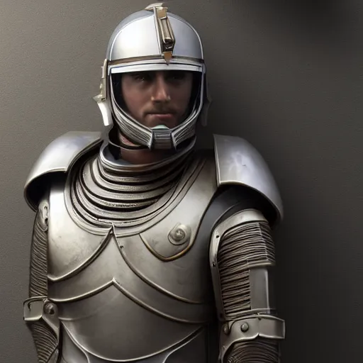 Prompt: A roman legionary centurion shiny metallic space armor, concept art of a futuristic space crusader, octane render 8k highly super realistic.