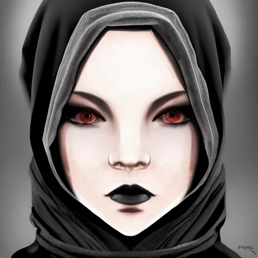 Prompt: Beautiful portrait of a mysterious hooded woman wearing robes all black, face shrouded in darkness, true romance, dark romance, dark fantasy, trending on artstation, cgsociety