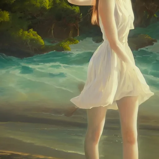 Image similar to oil painting by ilya kuvshinov,, baugh casey, artgerm craig mullins, coby whitmore, of a youthful japanese girl, long hair, wet sundress walking along the coast, highly detailed, breathtaking face, studio photography, noon, intense bounced light, water reflection, large tree casting shadow, serine intense sunlight in the style of zack snyder