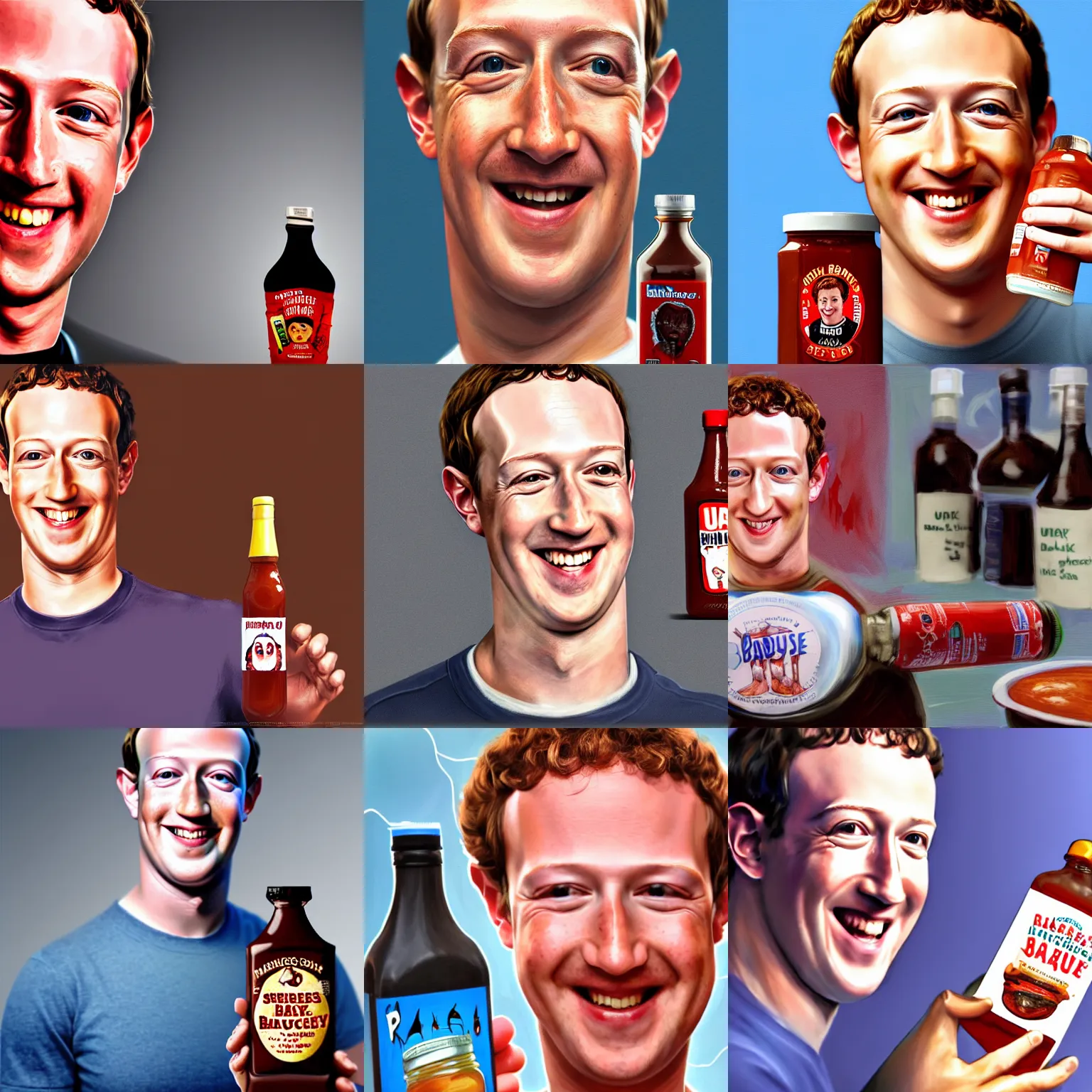 Prompt: Mark Zuckerberg grinning with laser eyes, holding a bottle of Sweet Baby Ray's barbecue sauce, digital painting, ultra realistic, ultra detailed, 4k, hd