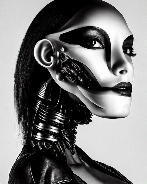 Image similar to a profile portrait, a stunning young woman - cyborg with a mutant crow head, editorial photography, bw, by roman sustov, by hr giger, shot on 7 0 mm, depth of field, f / 2. 8, high contrast, 1 6 k, volumetric lighting, shiny, insanely detailed and intricate, hypermaximalist, elegant, ornate