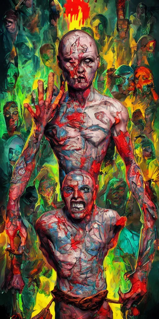 Image similar to Bright, colorful, realistic Serial killer rpg single individual full body and head shot gore covered with scars and tattoos screaming, backlighting, kodachrome, high contrast, highly detailed, sharp focus, digital painting, concept art, illustration, trending on artstation, comic book by Alex Ross cover art