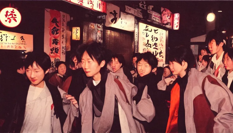 Image similar to masterful photography by haruto hoshi and yang seung woo and saul leiter, young people enjoying night life in kabuki cho japan in the 1 9 9 0 s, film grain, full color, shot on kodak gold with a canon 3 5 mm lens aperture f / 5. 6, hyperrealistic