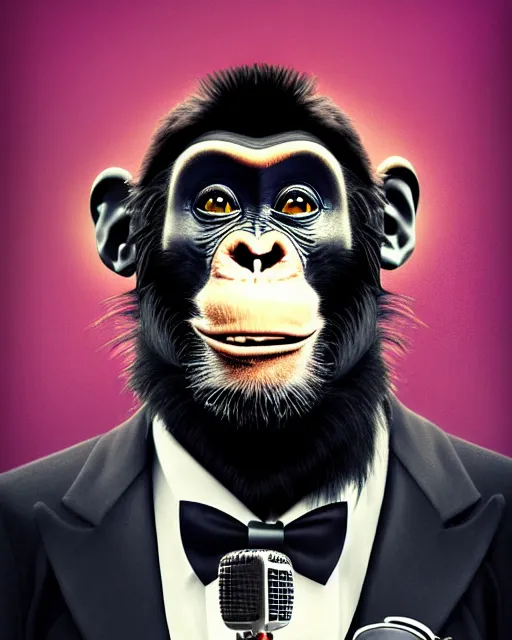 Prompt: a portrait of an anthropomorphic rockstar chimp in a tux singing into a microphone by sandra chevrier, by jon foster, detailed render, tape deck, epic composition, cybernetics, 4 k realistic, cryengine, realistic shaded lighting, sharp focus, masterpiece, by enki bilal