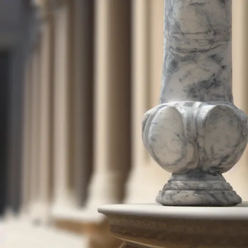 Prompt: studio photo of a marble vase, in the shape of an ancient temple. baroque details. museum. close up photo. bokeh. photorealistic, ultra detailed.