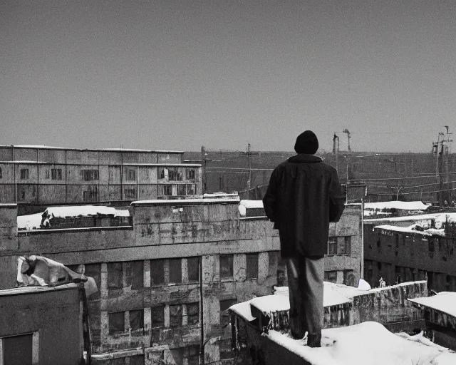 Image similar to lomo photo of man standing on the roof of soviet hrushevka, small town, cinestill, bokeh, out of focus