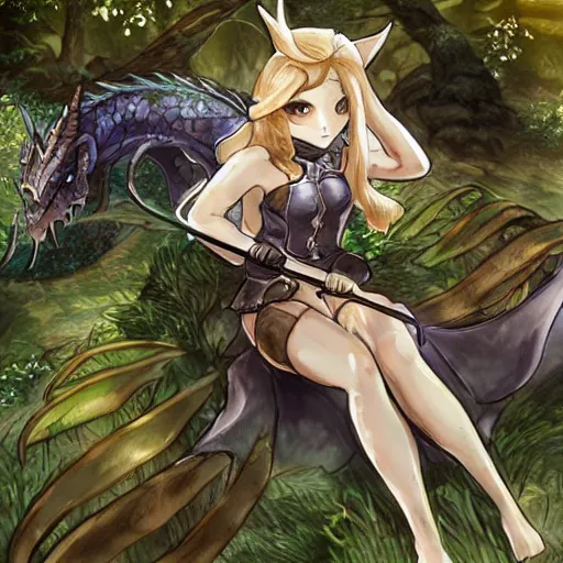 Prompt: a female knight resting in a glade, vanillaware artwork, dragon's crown concept art