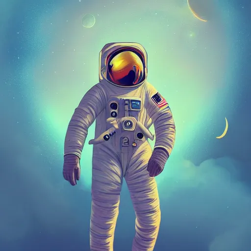 Prompt: an astronaut abserving a beautiful vista on an strange colorful world, digital painting, trending on artstation