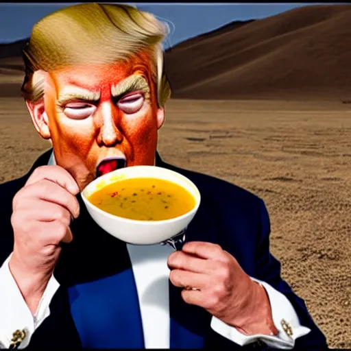 Prompt: photo of Donald Trump eating a bowl of soup in a hot desert, 8k, photorealistic,