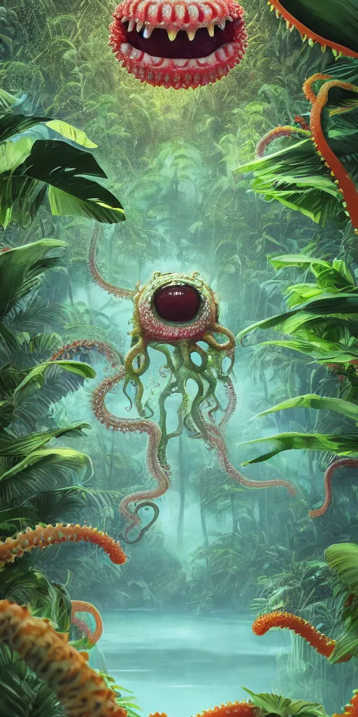 Image similar to of a tropical rainforest lake with strange cute friendly happy creatures with huge eyes, mouth, long tongue, round teeth and tentacles appearing from sandy coral, in the style of gehry and gaudi, macro lens, shallow depth of field, ultra detailed, digital painting, trending artstation, concept art, illustration, cinematic lighting, photorealism, epic, octane render