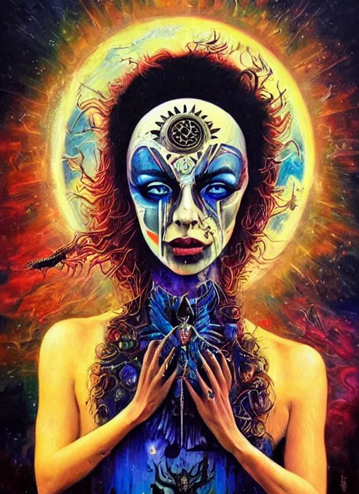 Image similar to incredible magic cult psychic woman, symmetrical painted face, third eye, energetic consciousness psychedelic, epic surrealism expressionism symbolism, story telling, iconic, dark robed, oil painting, layers on layers on layers, dark myth mythos, by Sandra Chevrier , Bruce Pennington, masterpiece