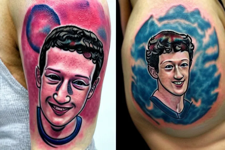 Image similar to muscular mark Zuckerberg with sailor moon tattoos artistic