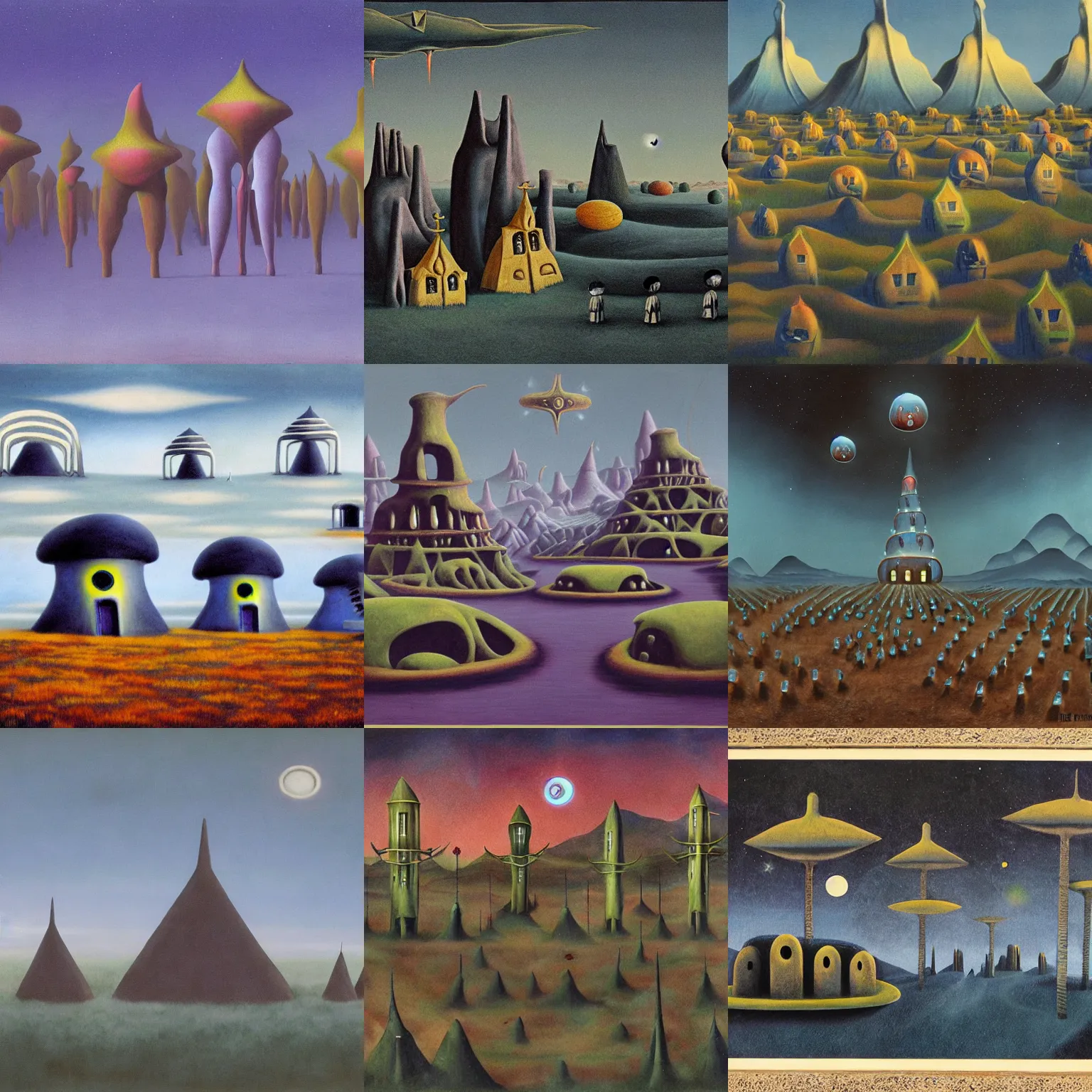 Prompt: alien village. matte painting by bridget bate tichenor.