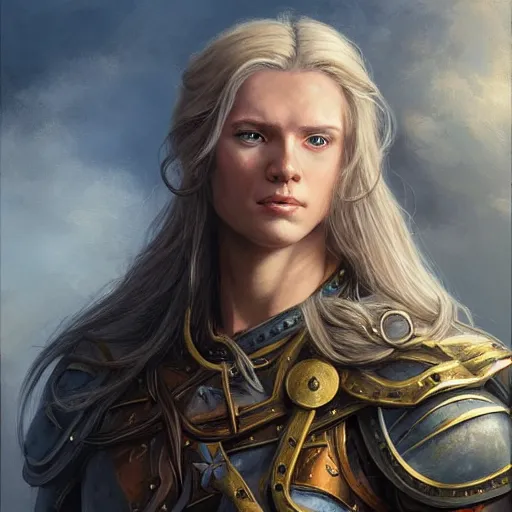 Image similar to portrait, long - haired fantasy paladin in shining armor, blond, rpg game, stern expression, long hair, highly detailed, digital painting, artstation, concept art, smooth, sharp focus, illustration, artgerm, tomasz alen kopera, peter mohrbacher, donato giancola, joseph christian leyendecker, wlop, frank frazetta