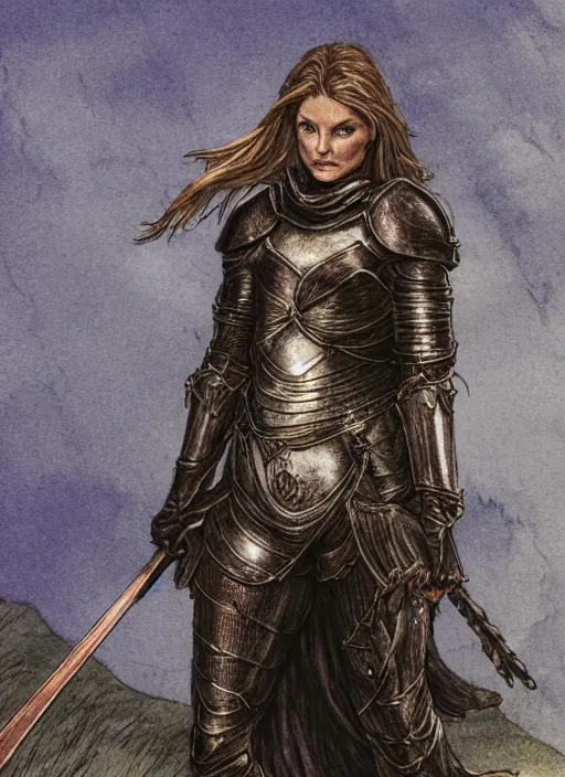Prompt: elegant female knight in copper colored plate armor who looks like michelle pfeiffer, moonlight in the background, illustration by arthur rackham, soft lighting, HD, sharp focus, intricate, masterpiece, concept art, character design
