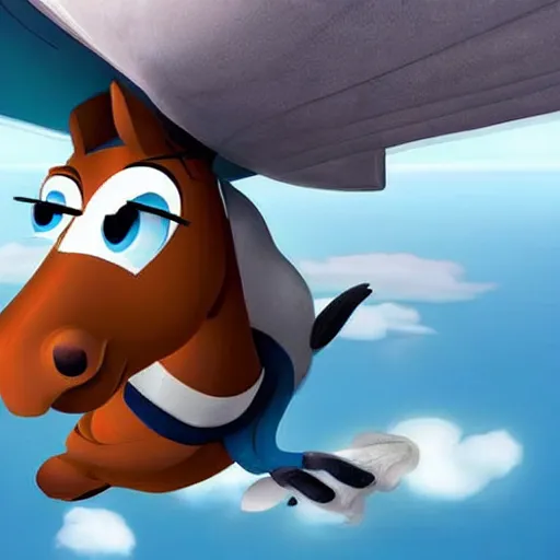 Image similar to a cartoon horse got on top of the roof of a plane, and flies it to the maldives, the islands, style of cartoon, disney studio,