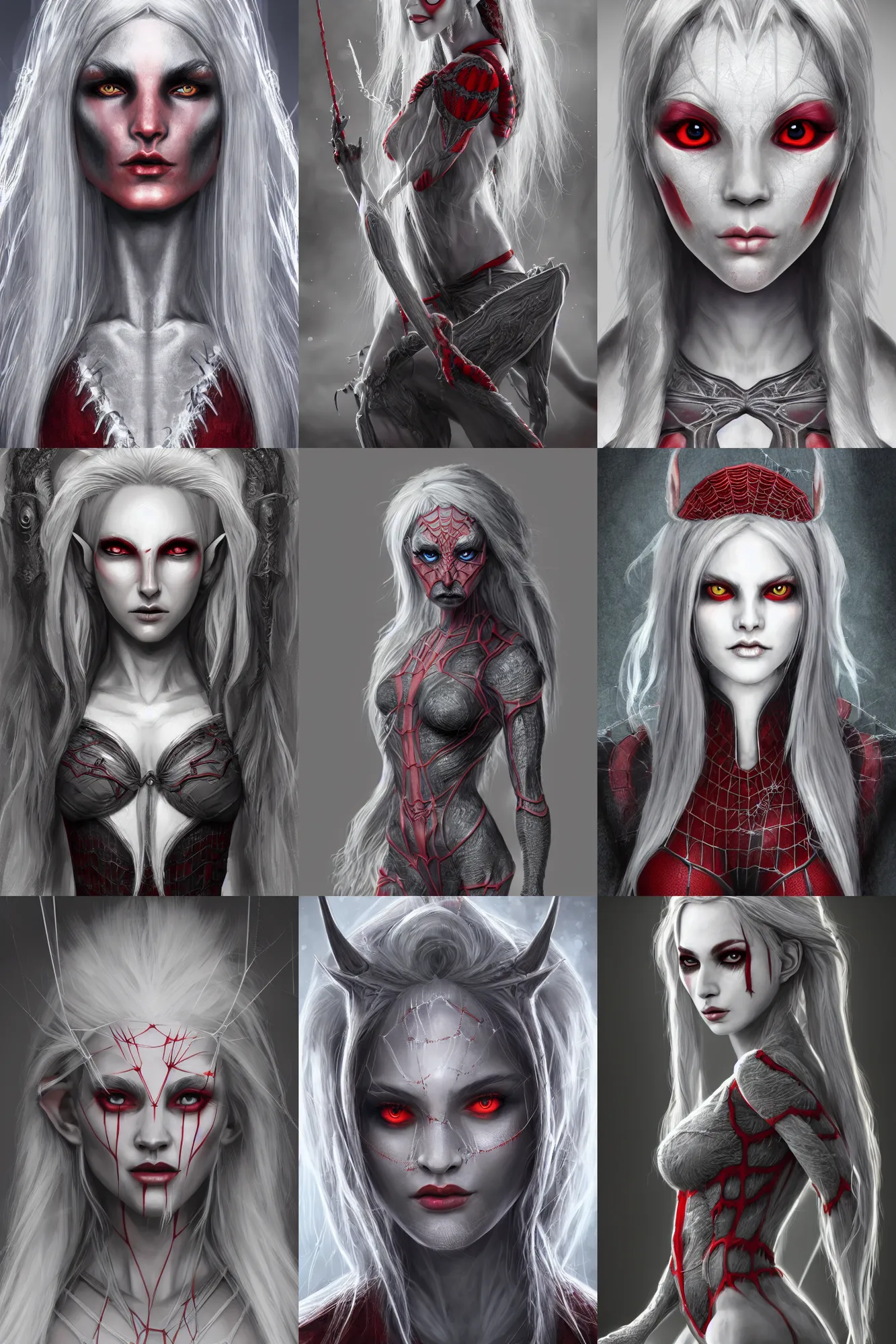 Prompt: full-body portrait of beautiful female grey elf (beautiful, dark grey skin, red eyes, white hair, symmetrical face) wearing spider webs, dark fantasy, D&D, digital art, highly detailed, award winning, concept art, intricate, sharp focus, Trending on Artstation HQ, unreal engine 5, 4K UHD image