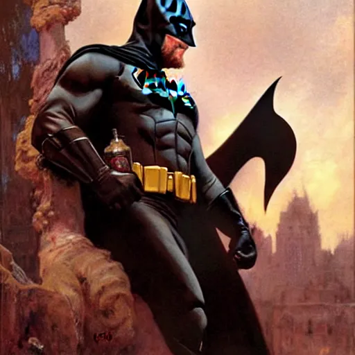 Image similar to ryan reynolds ( ( ( ( ( ( beard ) ) ) ) ) ), ( ( ( ( facial hair ) ) ) ), putting on a batman costume, painting by gaston bussiere, craig mullins, j. c. leyendecker