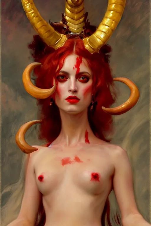 Image similar to painted close - up portrait of a attractive red - skinned intimidating demon girl with ram horns! oil painting, wearing a noblewoman's outfit, fantasy art by john singer sargent and gaston bussiere, and guillermo del toro, demon noble character design, hd