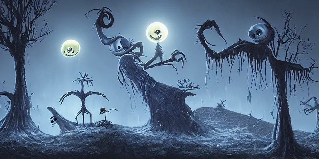 Image similar to an environmental concept art of the nightmare before christmas, highly detailed, environmental light, cinematic by francis tneh