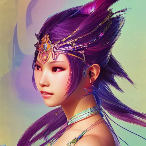 Image similar to a head and shoulders portrait of Yuna from Final Fantasy X, neon, retro, smooth, sharp focus, intricate, artstation, detailed concept art by Rutkowski and Mucha and sky sewa and Marc Simonetti